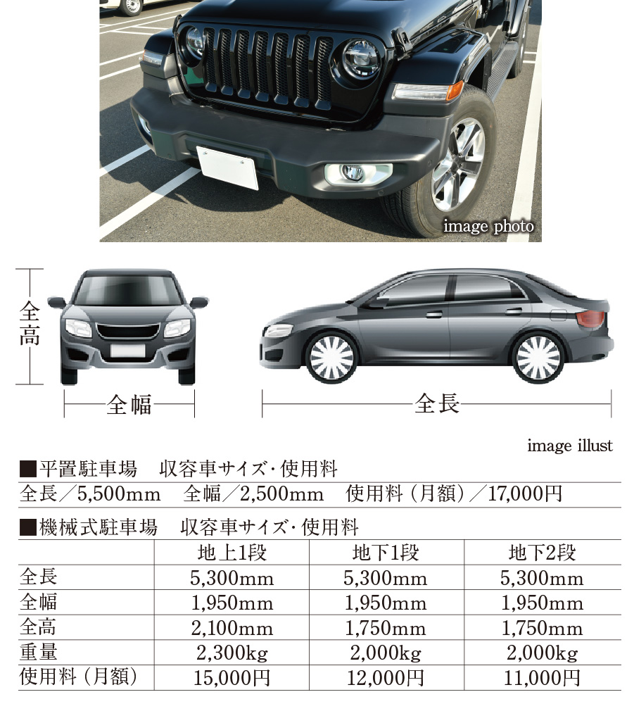 駐車場イメージ／平置・機械式駐車場収容車サイズ・料金表 